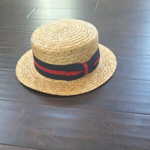 Country Gentleman Straw Boater Hat with Navy & Red Band NWT